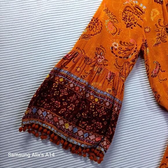 Mudd Womens Long Sleeve Tunic Romper Sz Medium Junior Floral Cottage Boho Orang - Picture 2 of 14